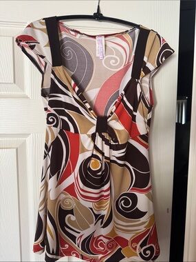Purple Rain Swirl Print Tunic Top - orange, Brown, Cream